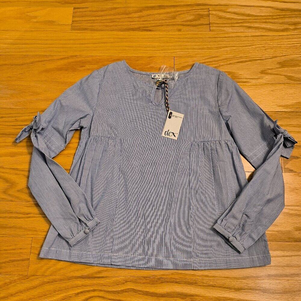 Dex, Blue w/ White Stripes Long Sleeve Blouse, Size Small (NWT)